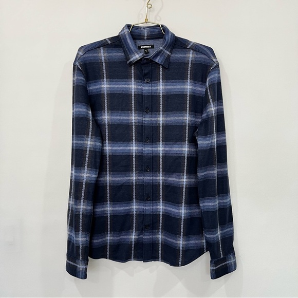 Express Blue Plaid Button-Up Shirt Flannel Comfy Soft Size Medium Long Sleeve - Picture 1 of 7